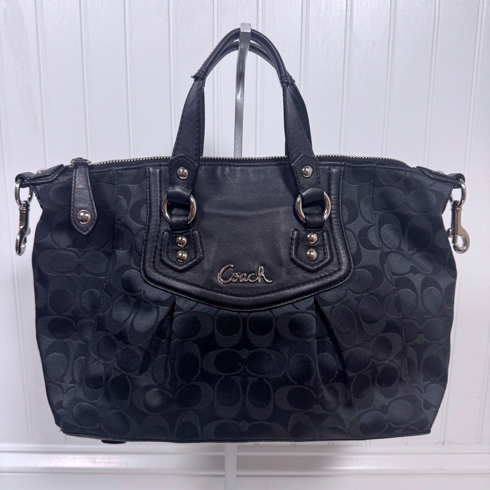 Coach Signature Ashley Satchel Bag Medium Black Monogram Leather Trim F19242